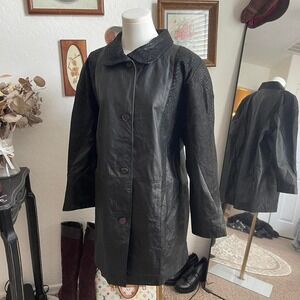 Vintage PELLE Leather Coat Black‎ 80s Minimalist Retro Oversized